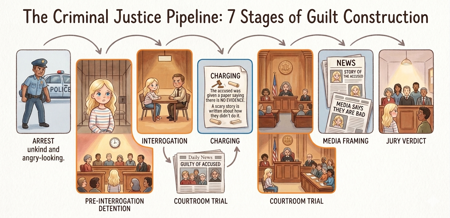 The Criminal Justice Pipeline — Seven Stages of Guilt Construction. A defendant is processed through arrest (by a visibly angry officer), pre-interrogation detention, interrogation, charging (a document stating there is no evidence but telling a scary story anyway), courtroom trial, media framing, jury verdict.