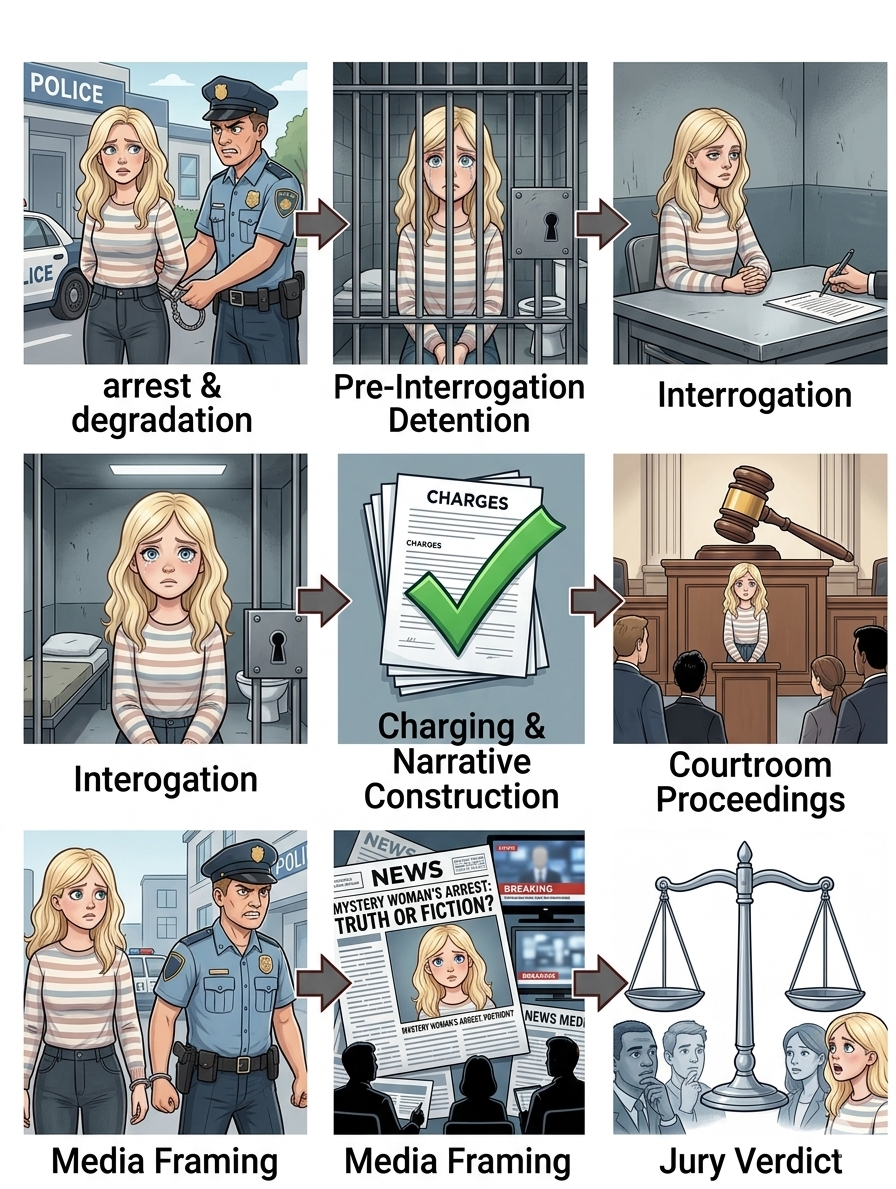 The Criminal Justice Pipeline annotated with red labels: ARREST is marked KIDNAPPED, PRE-INTERROGATION DETENTION is marked IMPRISONED, CHARGING is marked INNOCENT, and the headline GUILT CONSTRUCTION is marked FAKE.